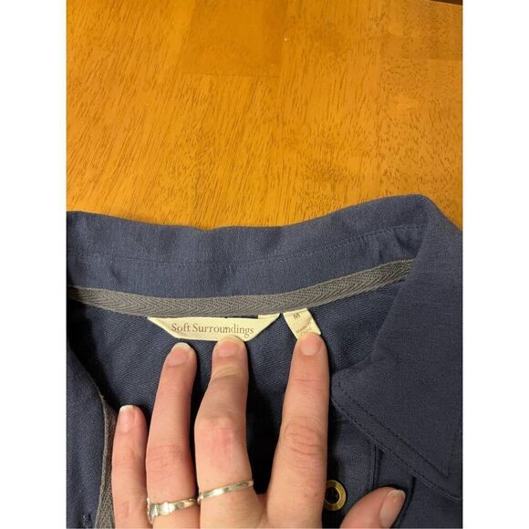 Soft Surroundings M Dusty Blue Roll Tab Sleeve Collared Flowy Tunic Stretch - Picture 3 of 5